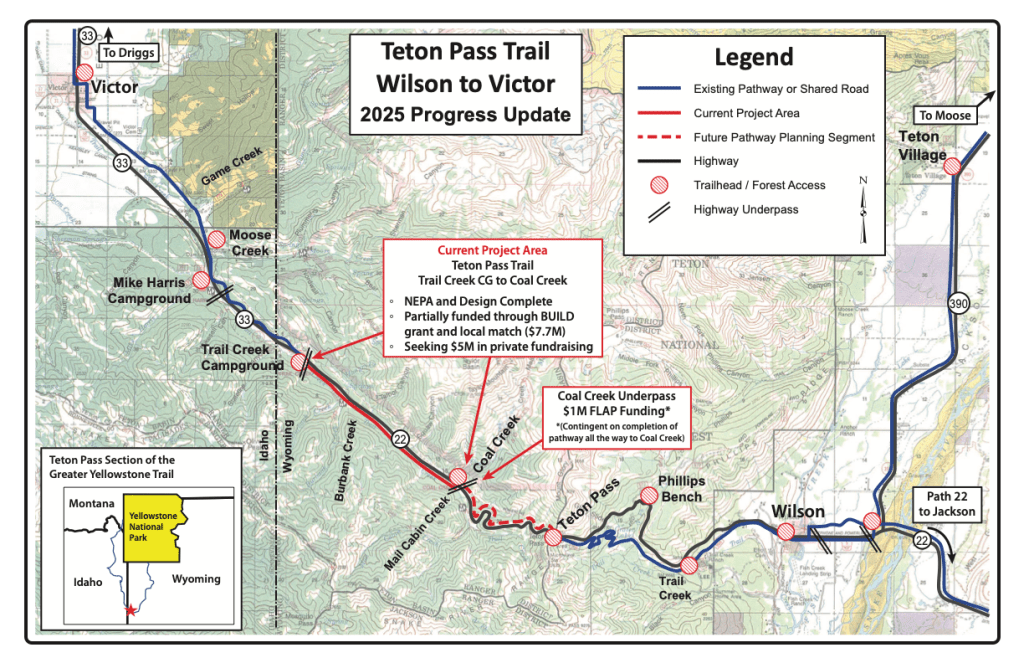 Map of the Teton Pass Trail route from Wilson to Victor, showing the current project area